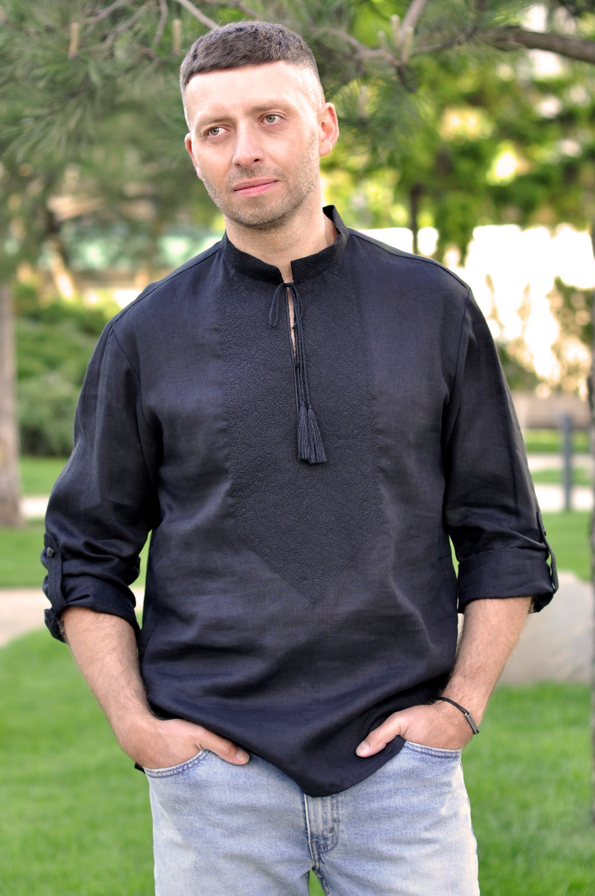 Black men’s linen vyshyvanka with black-on-black embroidery and transformable long sleeves