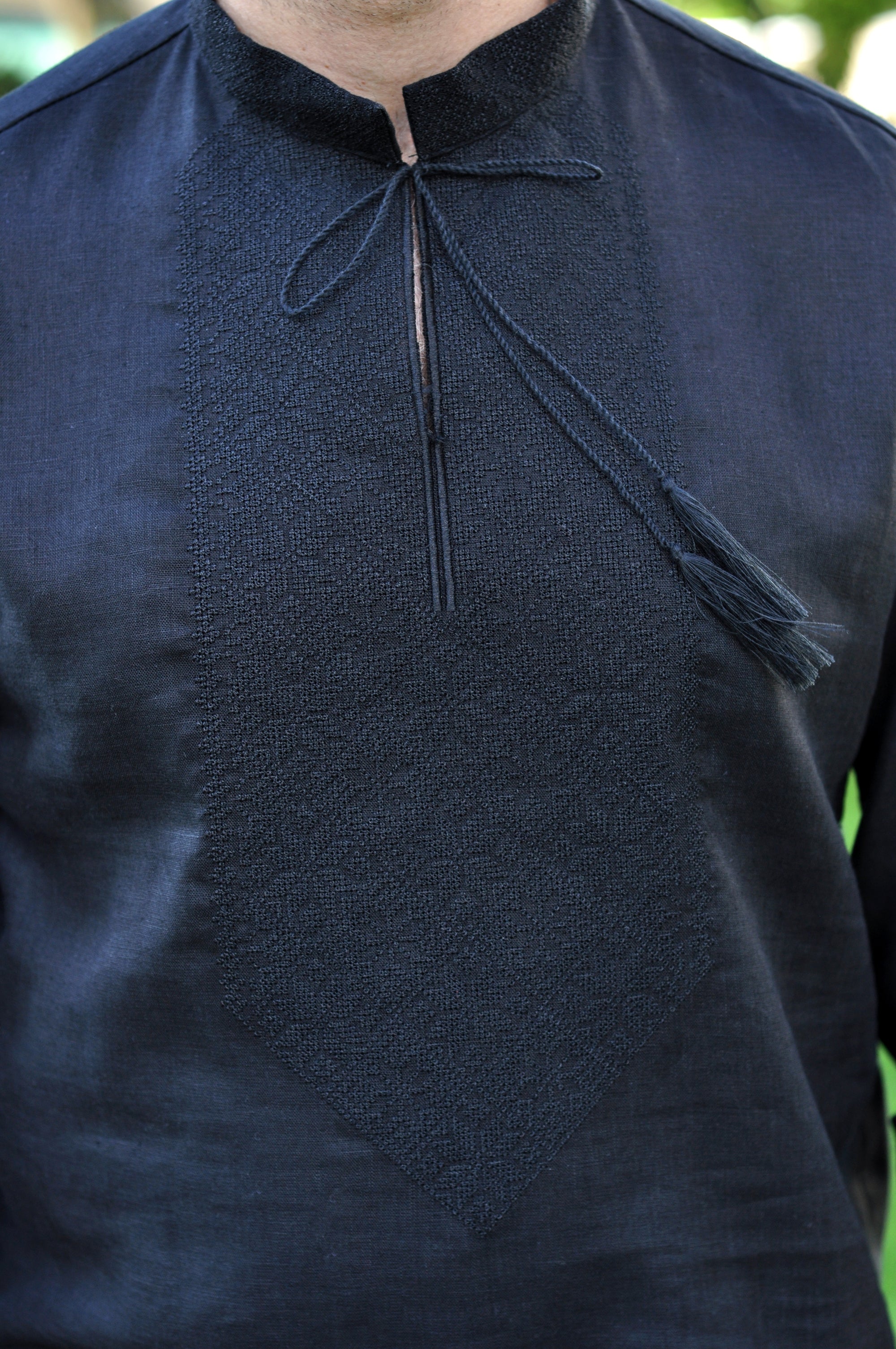 Black Men’s Linen Vyshyvanka with Black-on-Black Embroidery