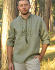 Vyshyvanka for man with the emblem of Ukraine in khaki color