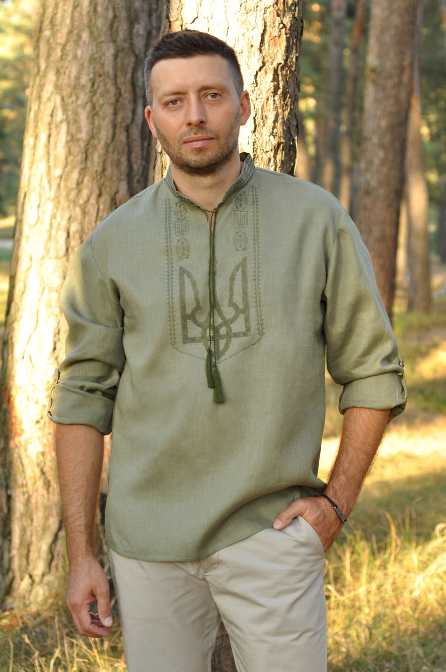 Vyshyvanka for man with the emblem of Ukraine in khaki color