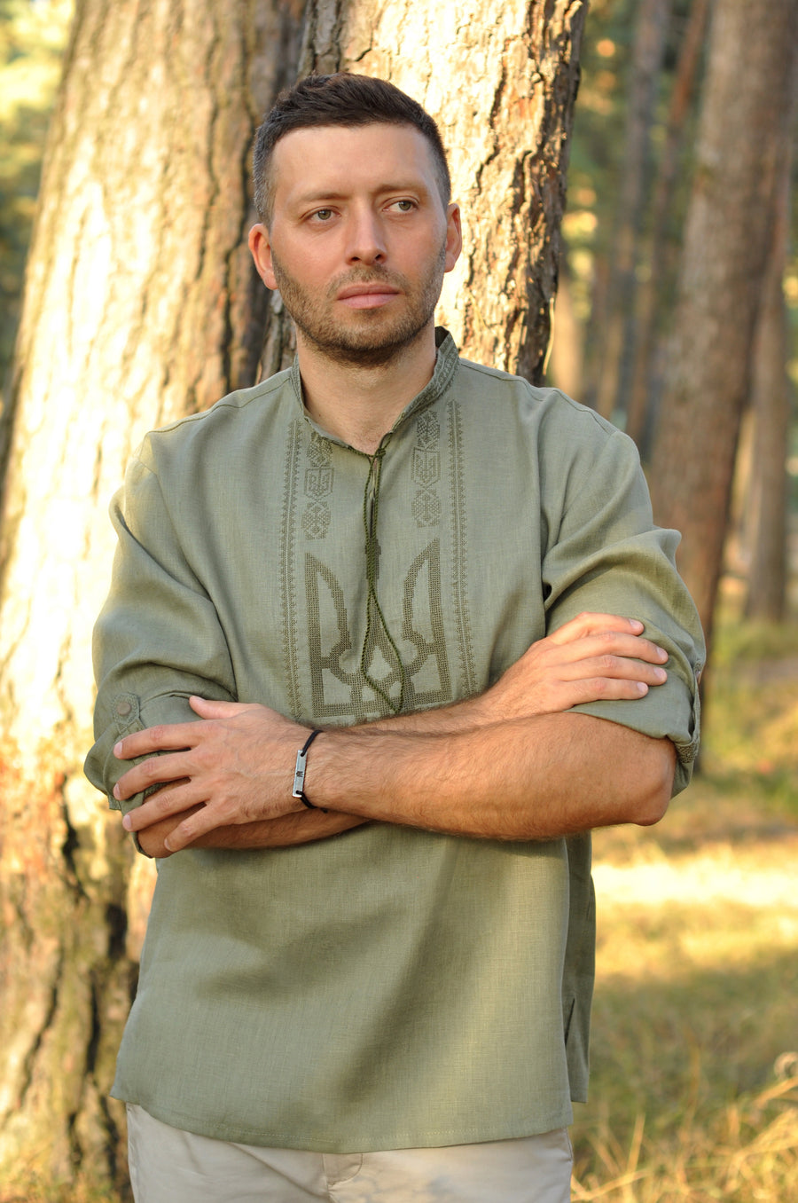 Vyshyvanka for man with the emblem of Ukraine in khaki color