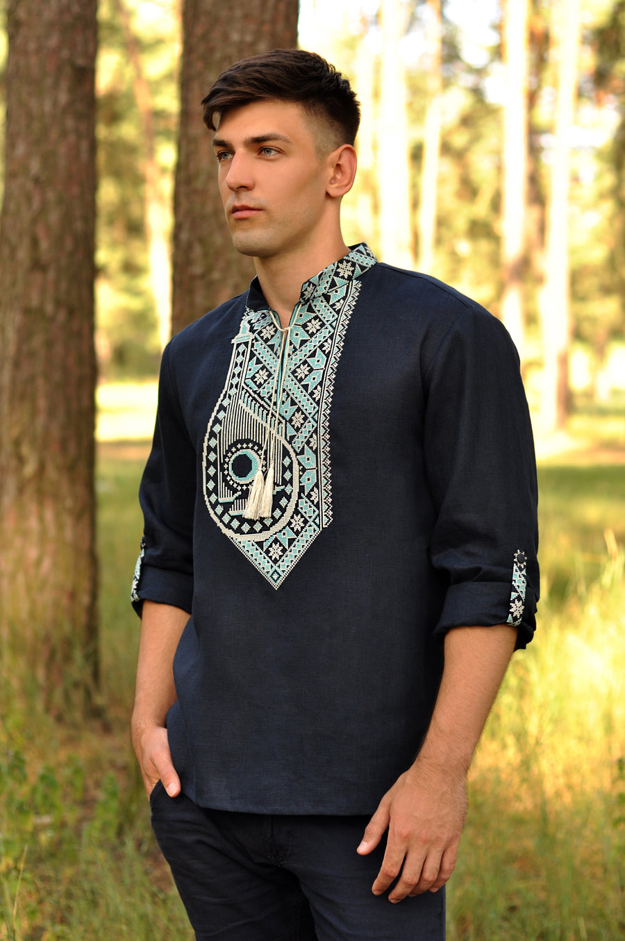 Exclusive ukrainian embroidered men`s shirt - vyshyvanka Bandura