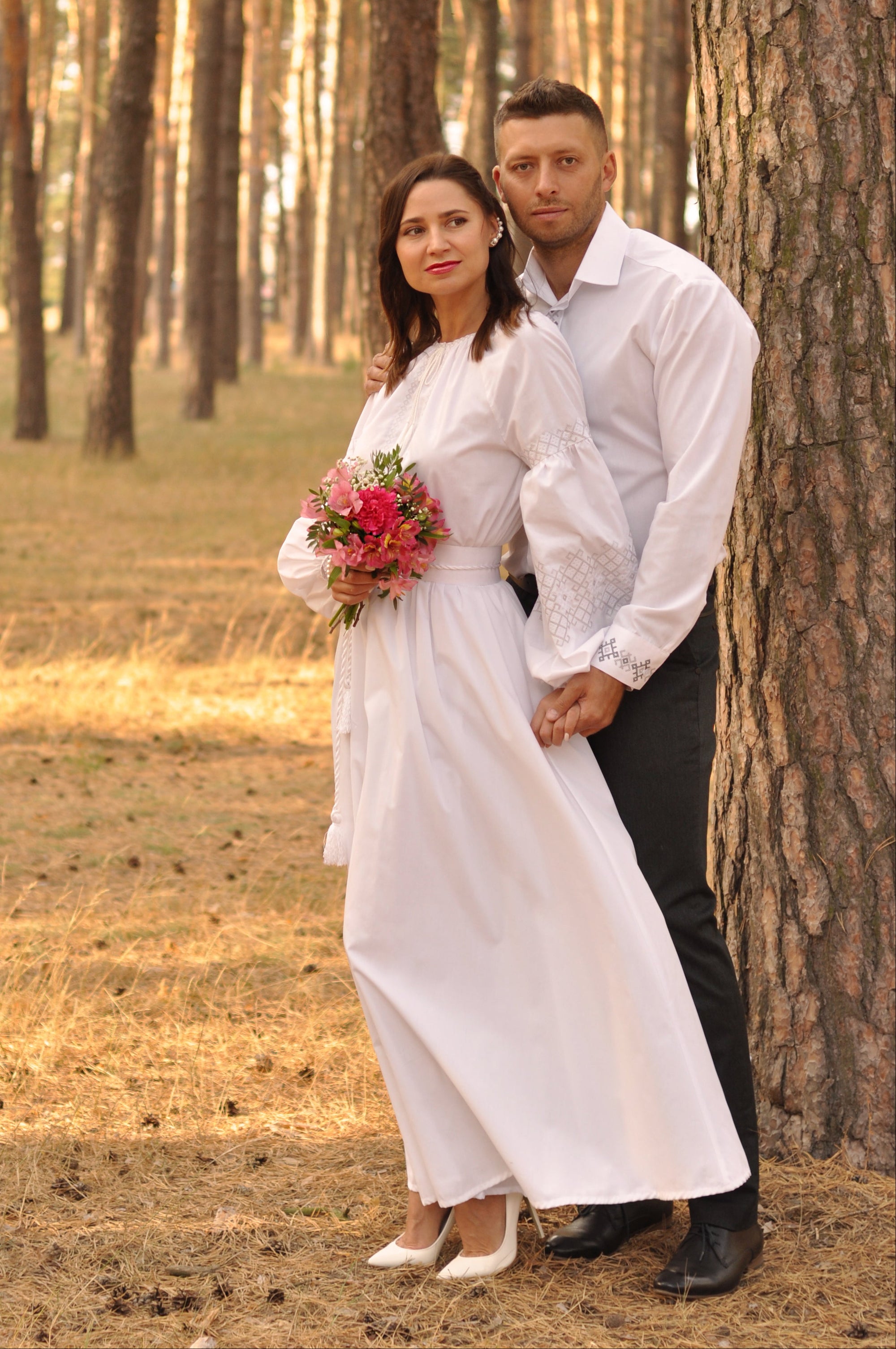 Elegant embroidered outfit for a church wedding in white cotton