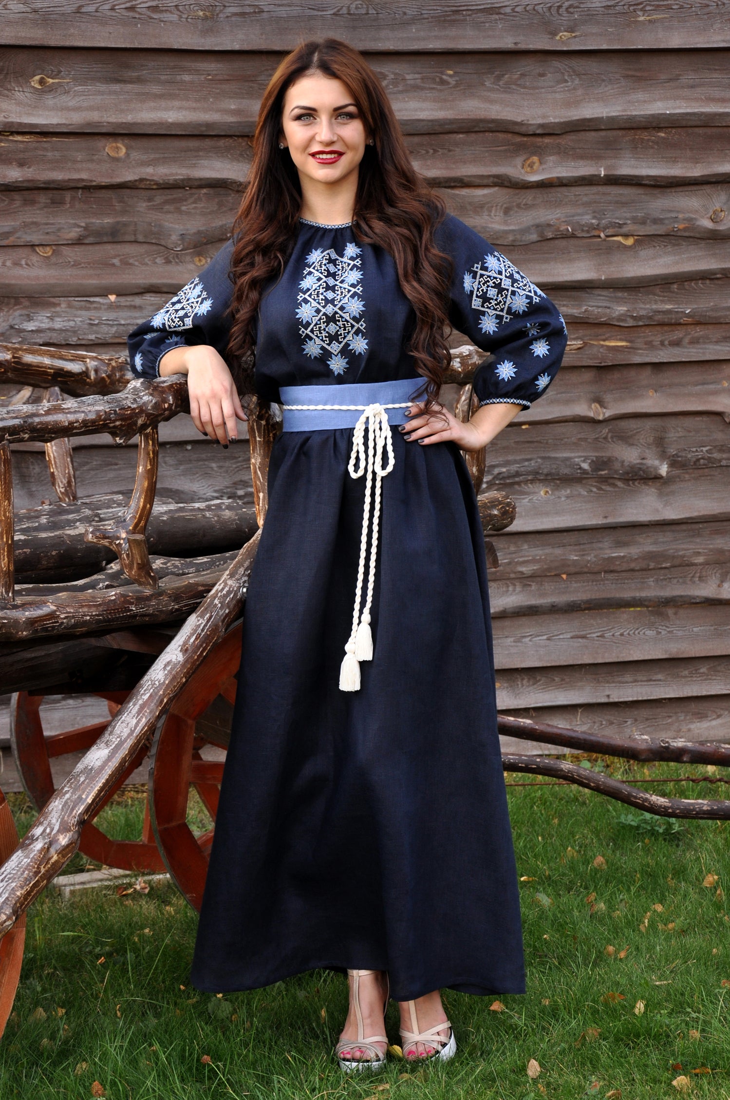 Women’s navy embroidered maxi dress with solid-color belt