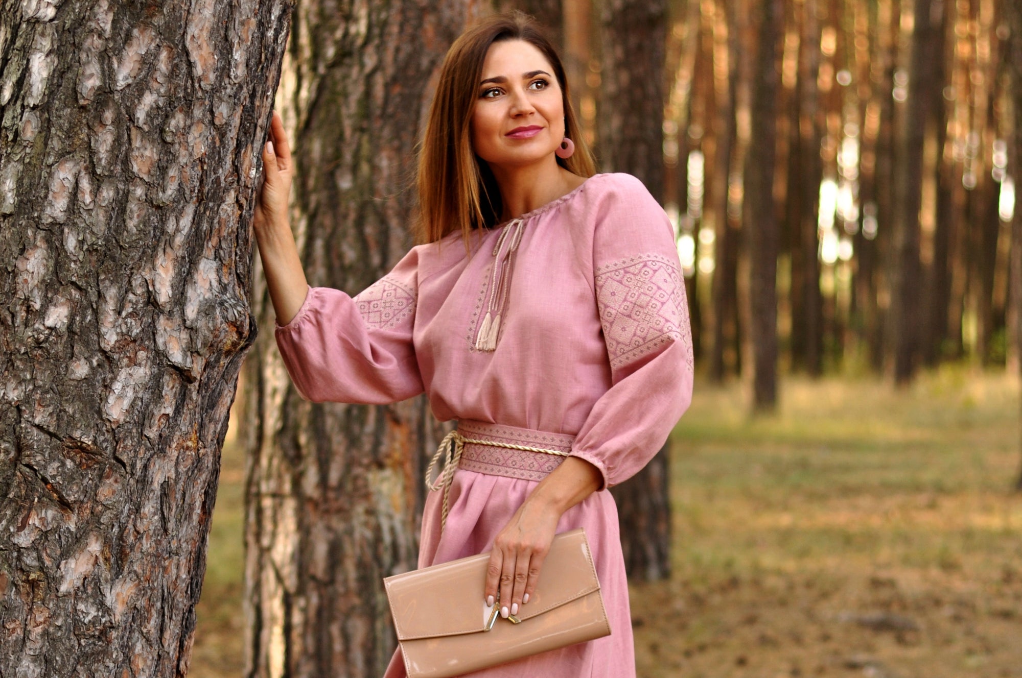 Powder Pink Linen Couple Set: Men’s Embroidered Shirt &amp; Women’s Maxi Dress