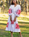 White linen wrap dress with red rose embroidery