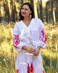 White Linen Wrap Dress with Red Rose Embroidery