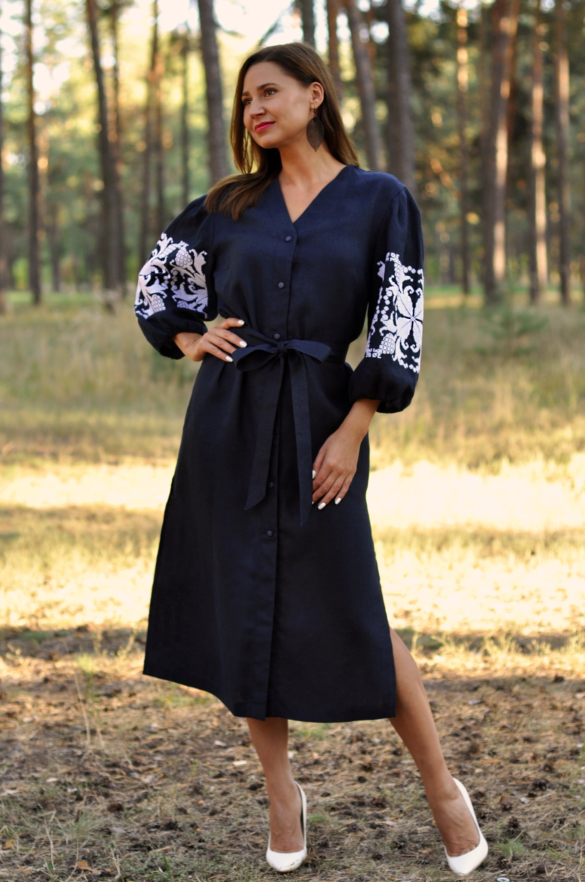 Elegant dark blue Ukrainian-style dress with rich white embroidery