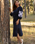Dark Blue Linen Embroidered Dress with White Rose Ornament