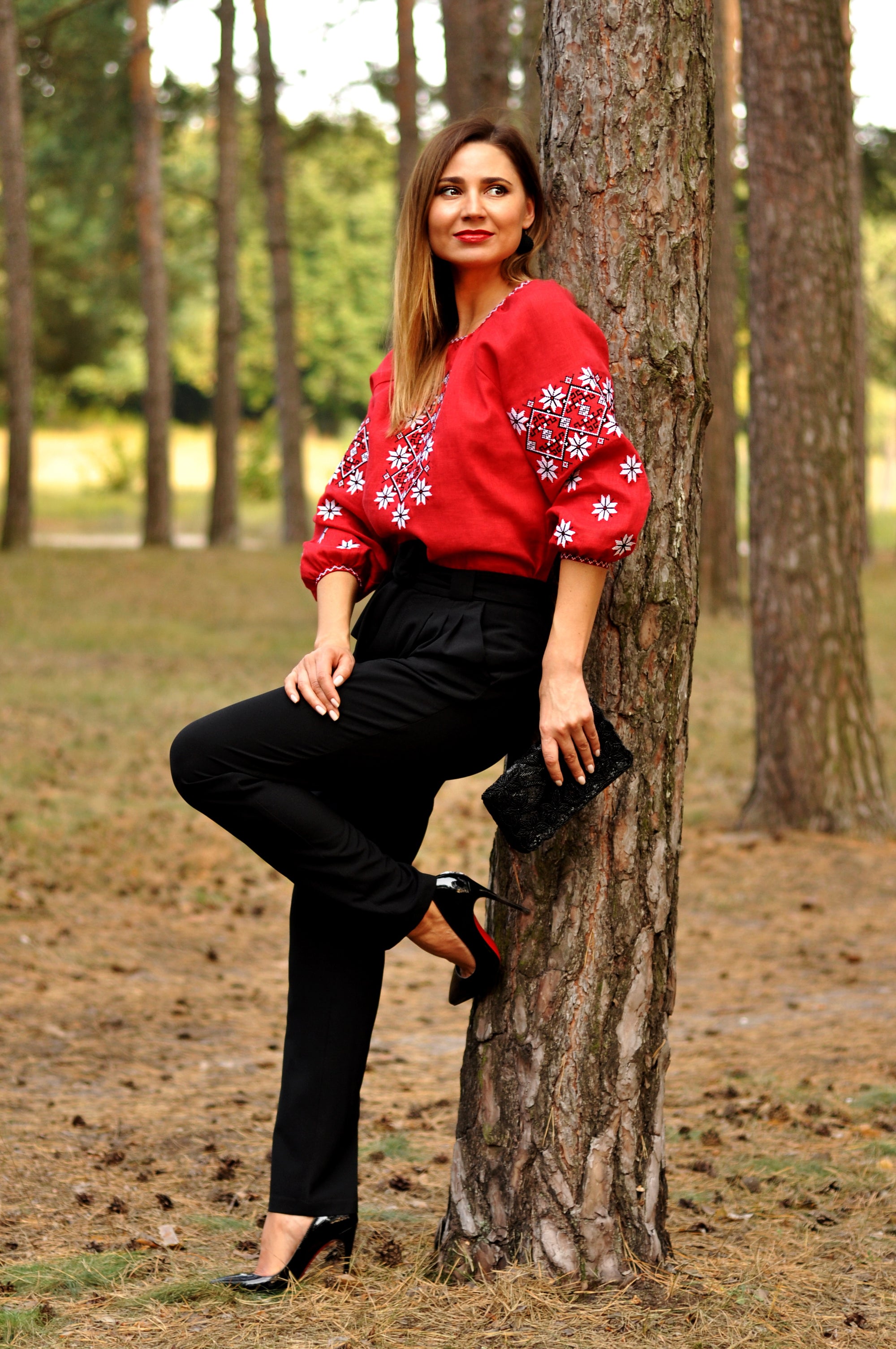 Red Ukrainian-style embroidered blouse with geometric ornament