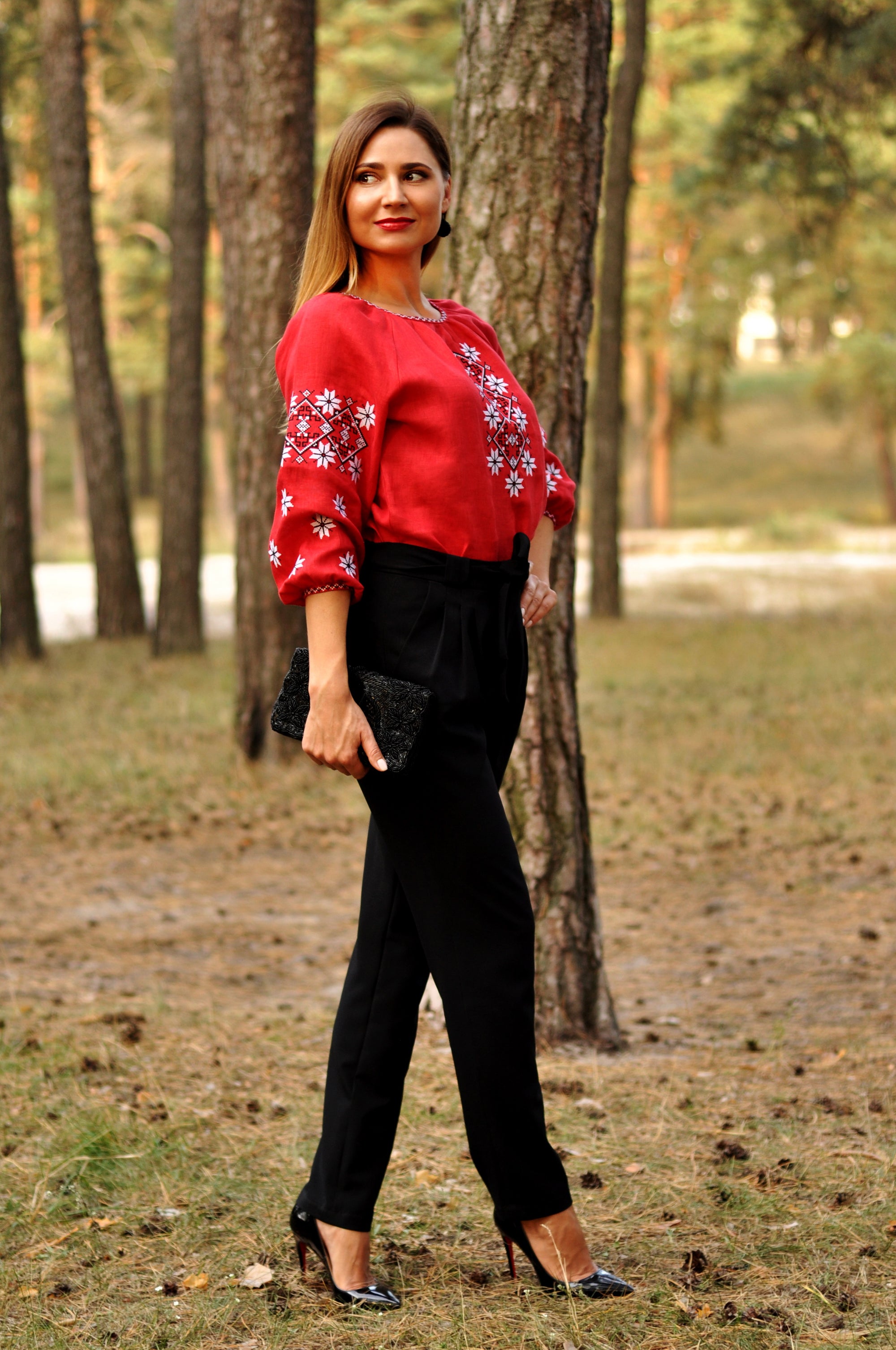 Red linen women’s vyshyvanka with geometric embroidery and voluminous sleeves