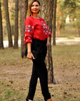 Red linen women’s vyshyvanka with geometric embroidery and voluminous sleeves