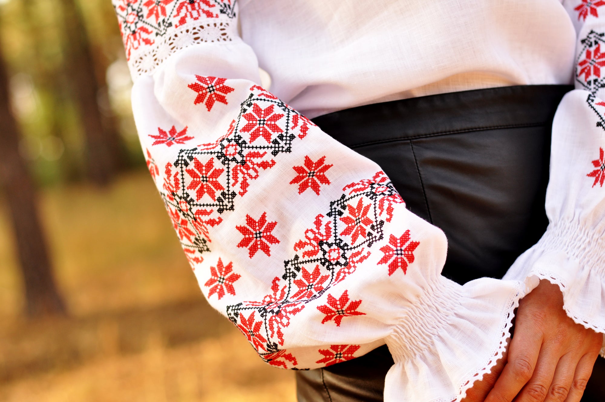 Festive white embroidered blouse styled with a black skirt and red accessories