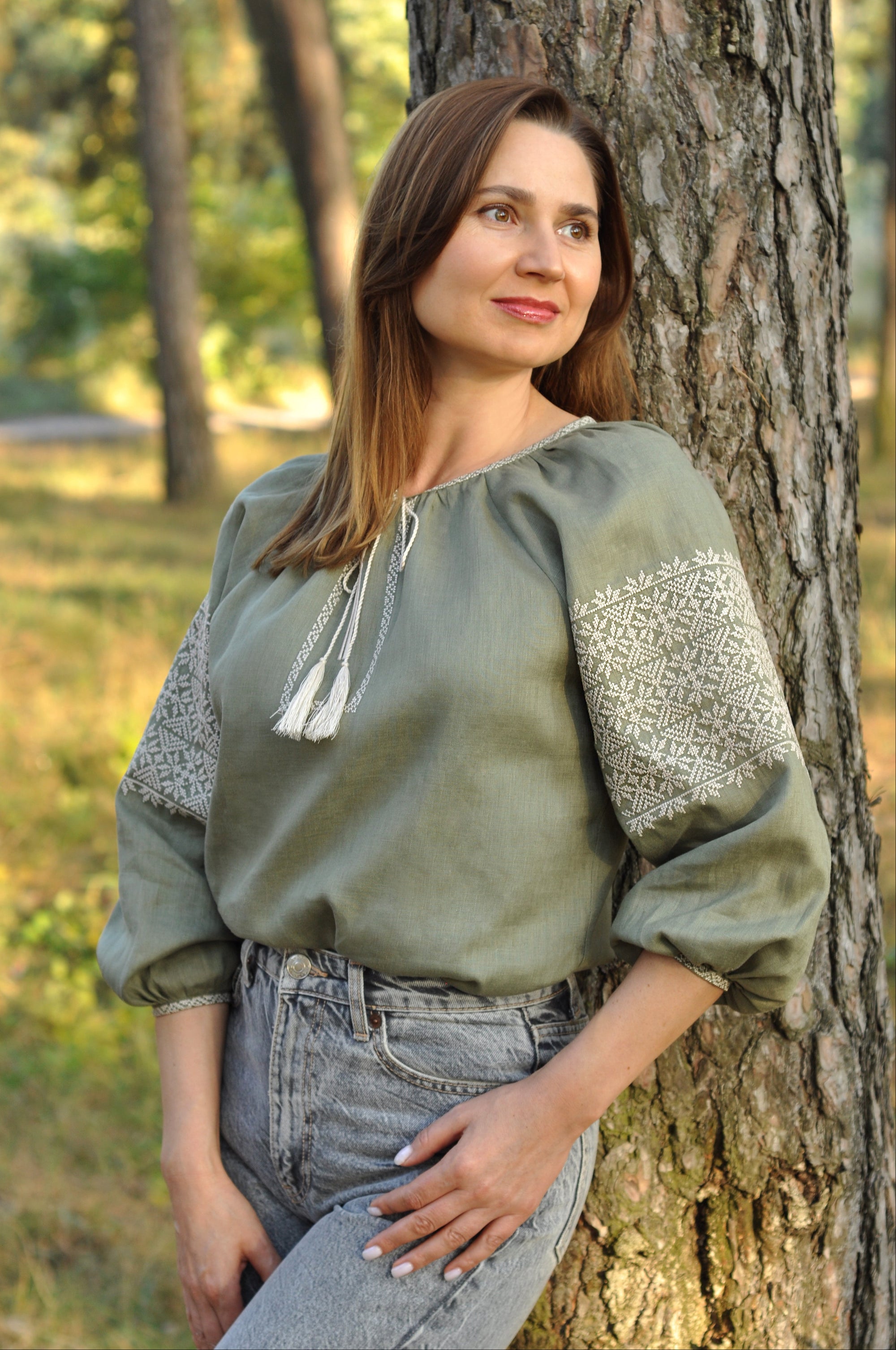 Khaki linen women’s vyshyvanka with sandy geometric embroidery