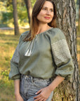 Khaki linen women’s vyshyvanka with sandy geometric embroidery