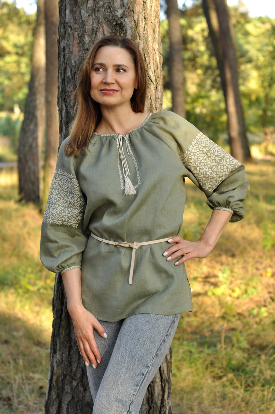 Vyshyvanka for woman in khaki color with geometric ornament
