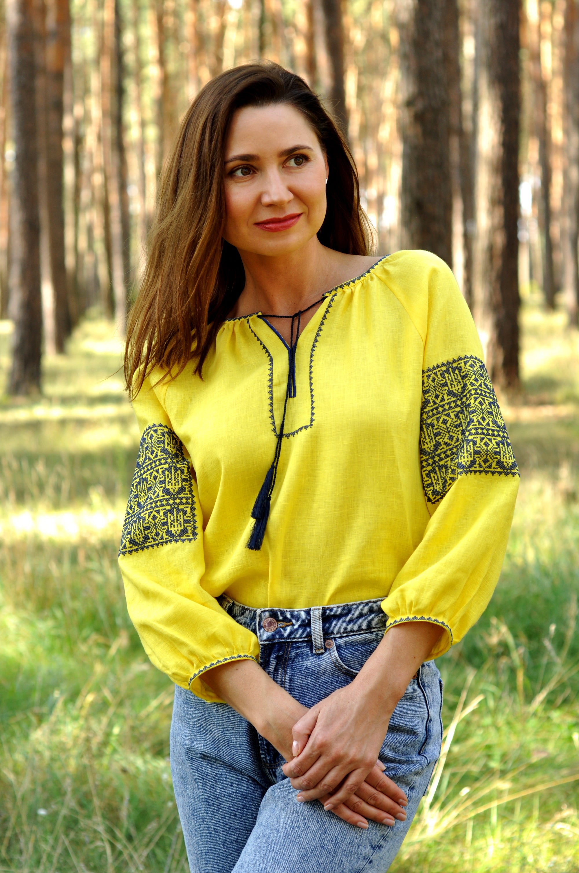 Patriotic Ukrainian-style women’s blouse in yellow and blue