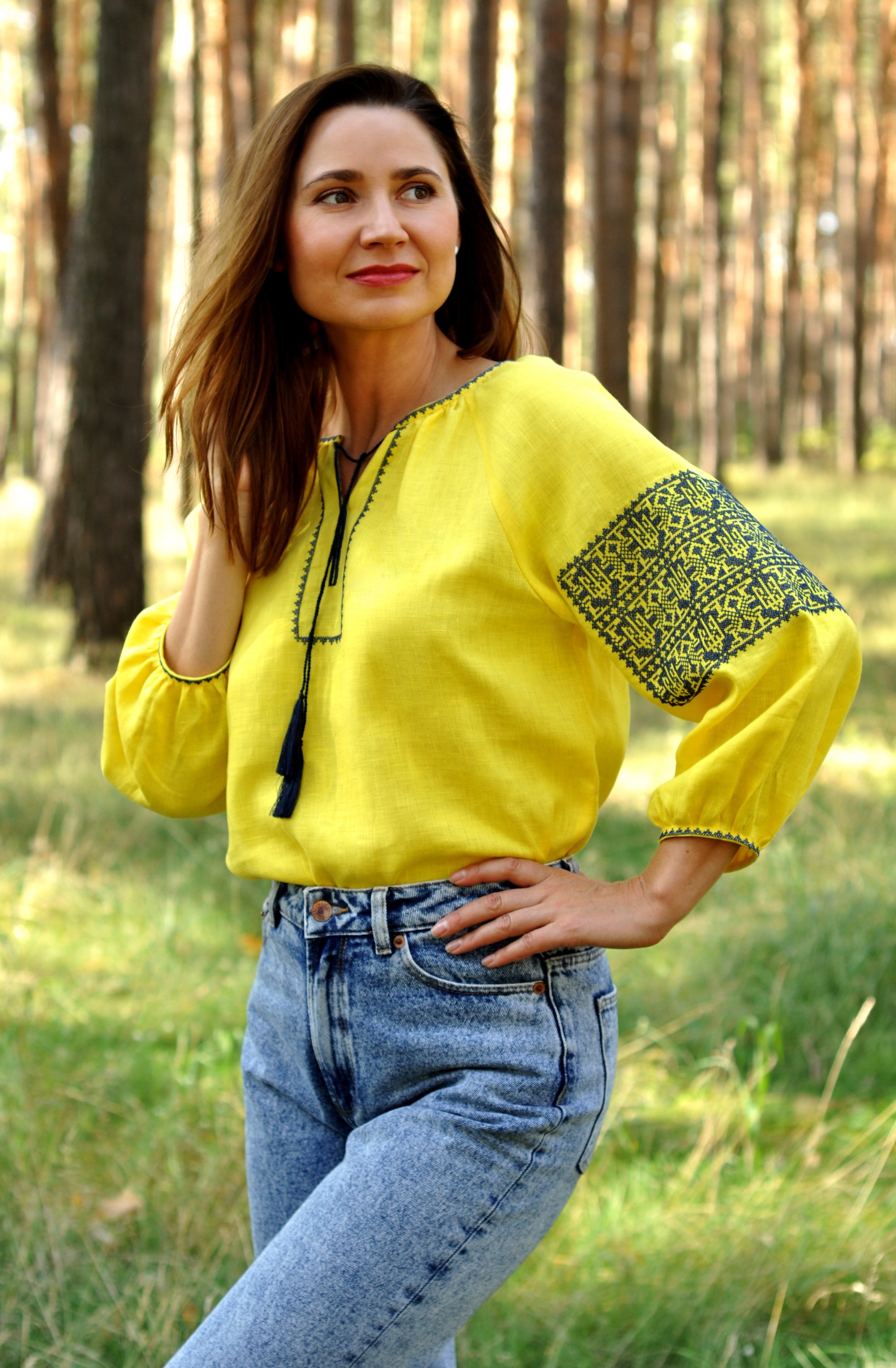 Yellow linen women’s vyshyvanka with blue patriotic embroidery and hidden Trident motif