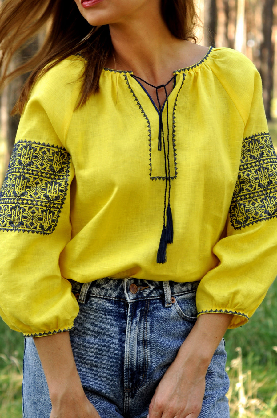 Yellow women's vyshyvanka with patriotic embroidery