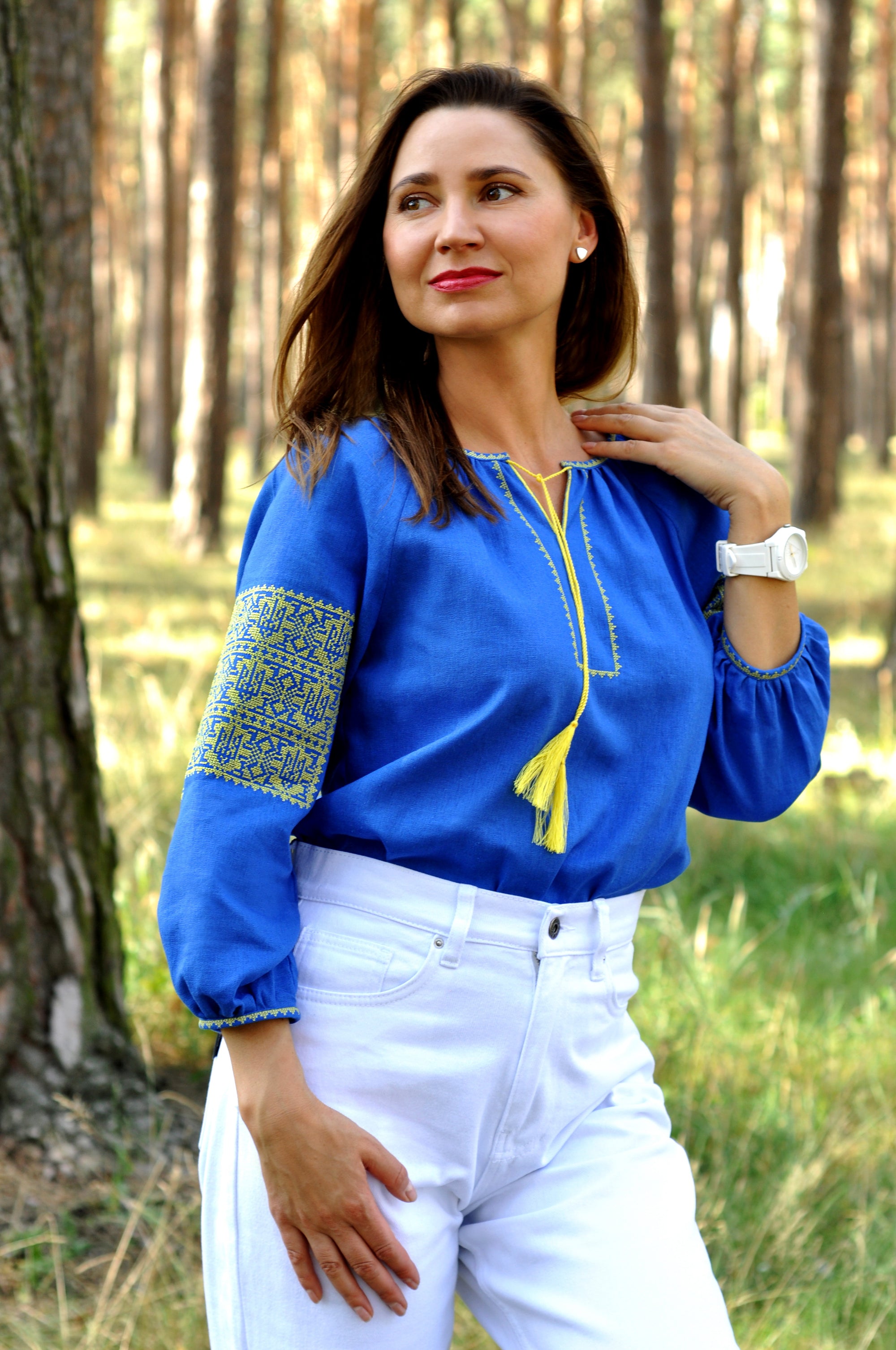 Blue linen women’s vyshyvanka with yellow patriotic embroidery and hidden Trident motif