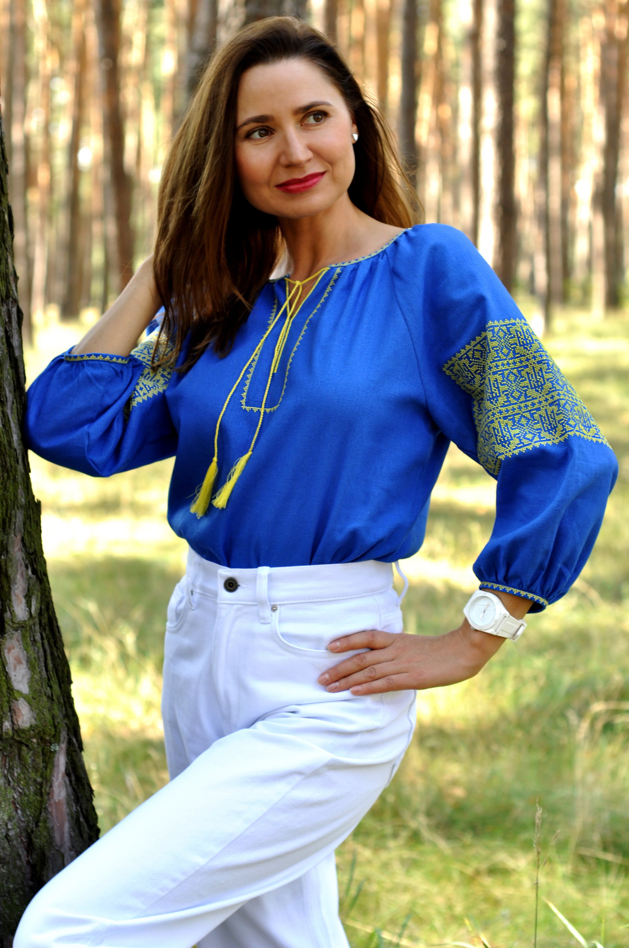 Patriotic Ukrainian-style women’s blouse in blue and yellow