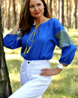 Patriotic Ukrainian-style women’s blouse in blue and yellow