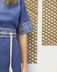 Blue Linen Embroidered Long Dress with Pockets and Removable Belt