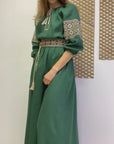 Dark Green Linen Embroidered Maxi Dress with Embroidered Belt