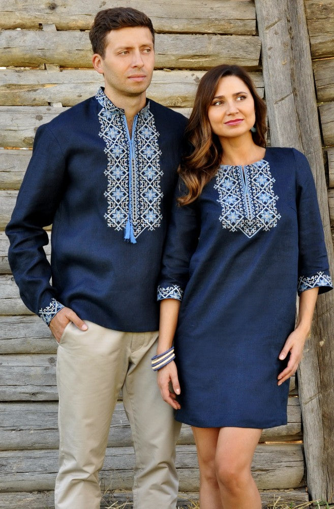 Linen mini dress with relaxed silhouette and side seam pockets and mens dark blue vyshyvanka
