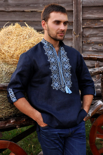 Dark blue embroidered men's shirt with geometric ornament