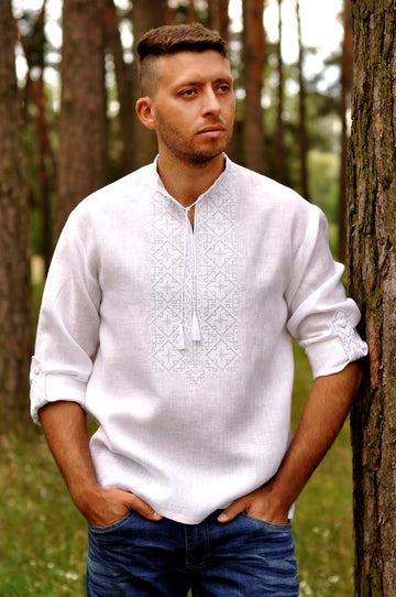 Men's wedding shirt with White on White embroidery