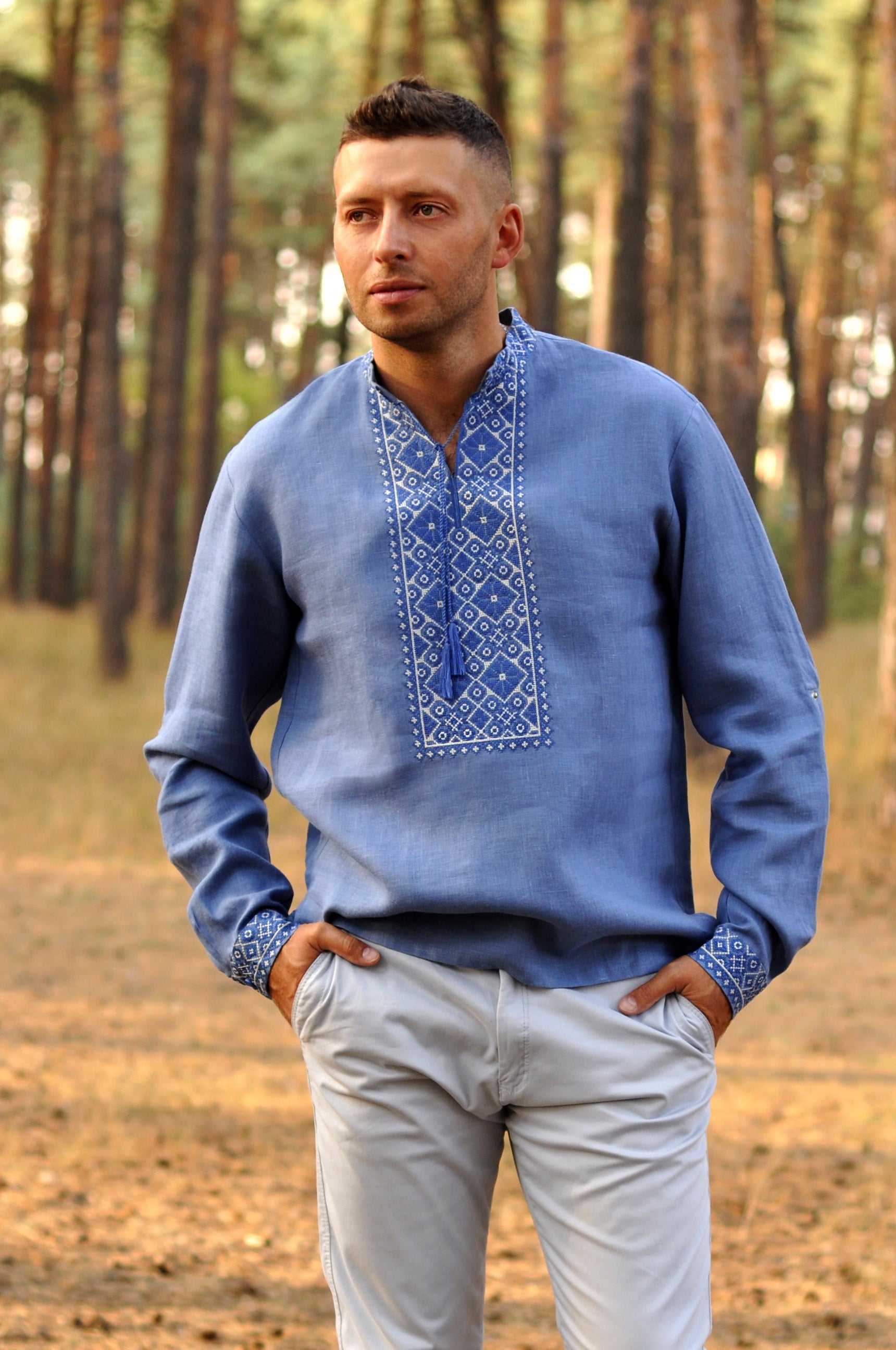 2022 Green Linen Shirt, Ukrainian shirt outlets for men, Embroidered shirt,Men's embroidered Traditional Vyshyvanka, Gift for Him, Gift for Husband