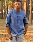 Blue Linen Couple Set: Men’s Embroidered Shirt & Women’s Embroidered Dress