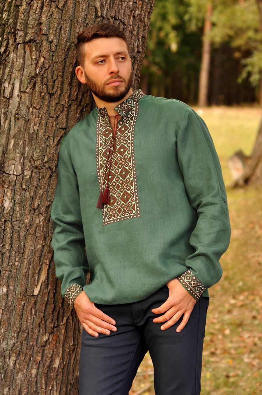 Green linen embroidered men`s shirt