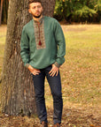 Men’s green embroidered linen shirt with transformable sleeves
