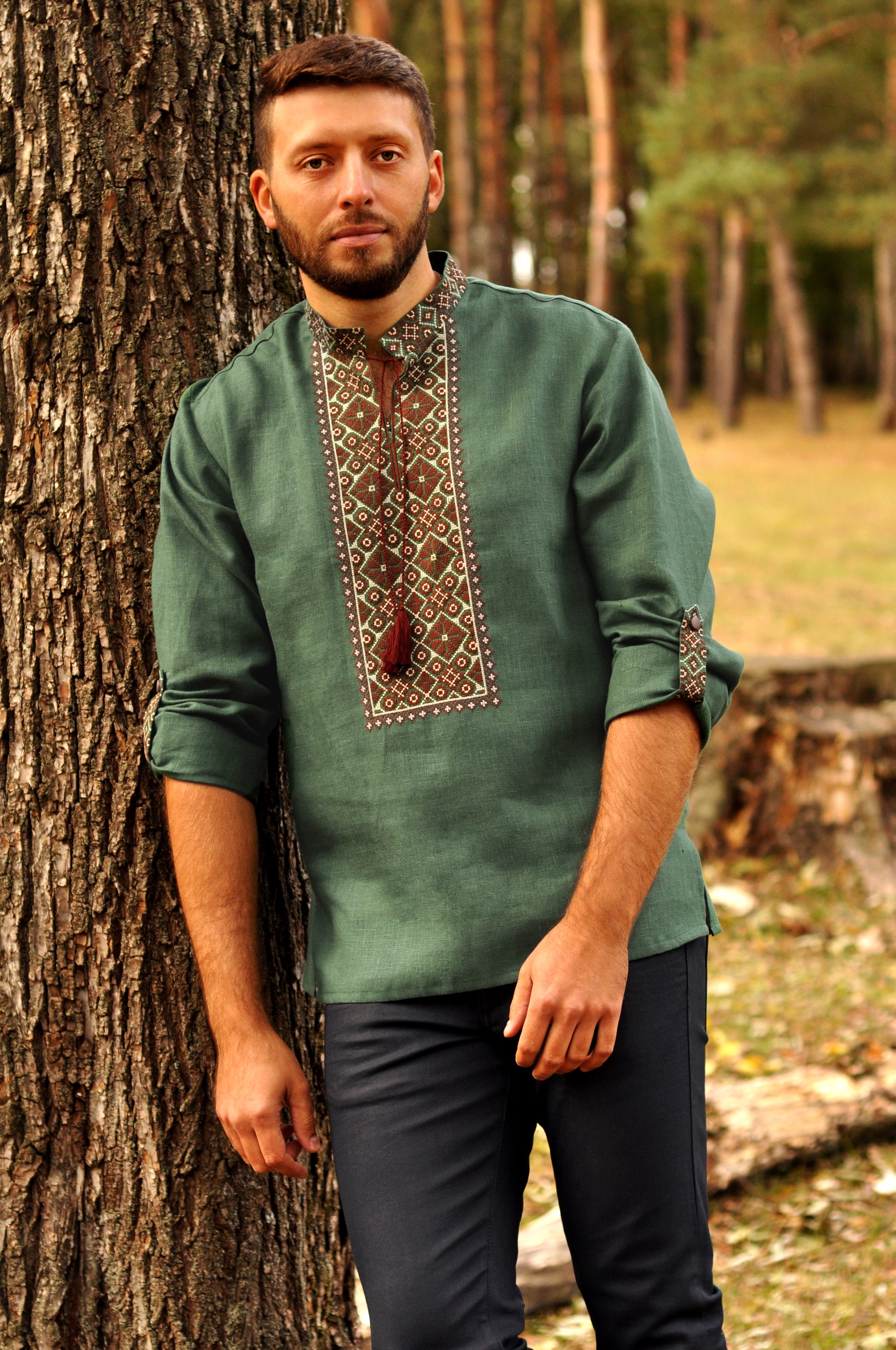 Ukrainian Men's embroidered shirt with cotton fabric, long sleeve colorful black, green, yellow, orders blue threads embroidery,white cotton shirt