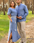 Blue Linen Couple Set: Men’s Embroidered Shirt & Women’s Embroidered Dress