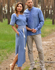 Blue Linen Couple Set: Men’s Embroidered Shirt & Women’s Embroidered Dress