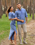 Blue Linen Couple Set: Men’s Embroidered Shirt & Women’s Embroidered Dress