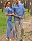 Blue Linen Couple Set: Men’s Embroidered Shirt & Women’s Embroidered Dress