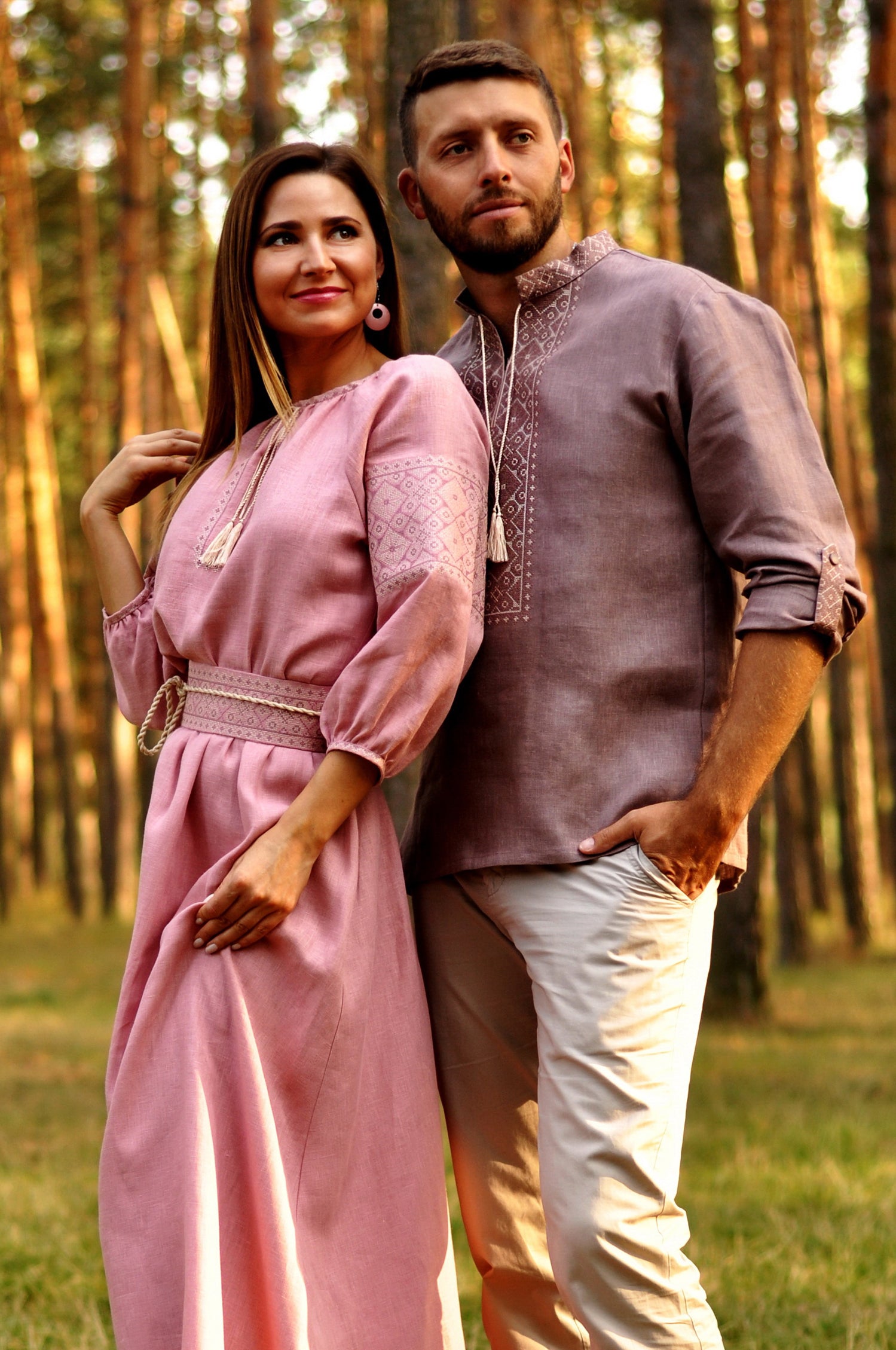 Elegant embroidered couple outfit in natural linen with symbolic Ukrainian-inspired ornament