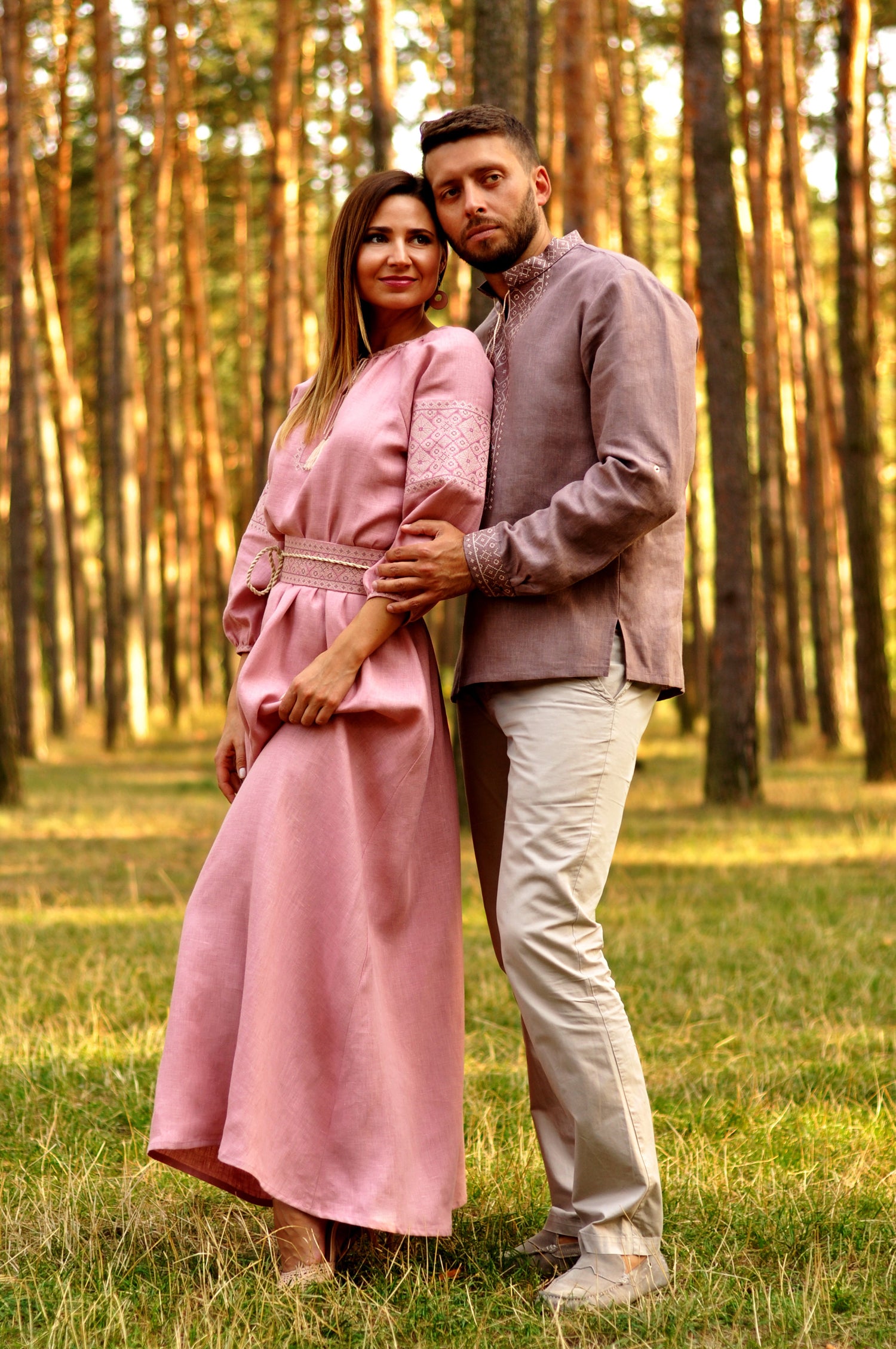 Matching linen couple set with men’s embroidered shirt and women’s powder pink maxi dress