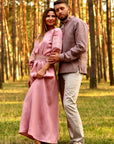 Matching linen couple set with men’s embroidered shirt and women’s powder pink maxi dress