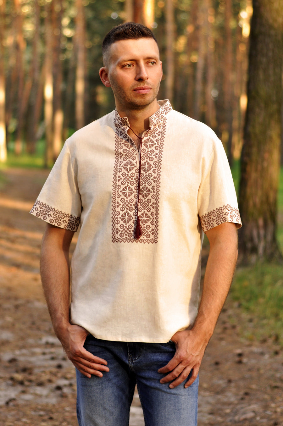 Modern beige linen vyshyvanka with short sleeves