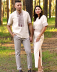 Modern beige linen vyshyvanka with short sleeves