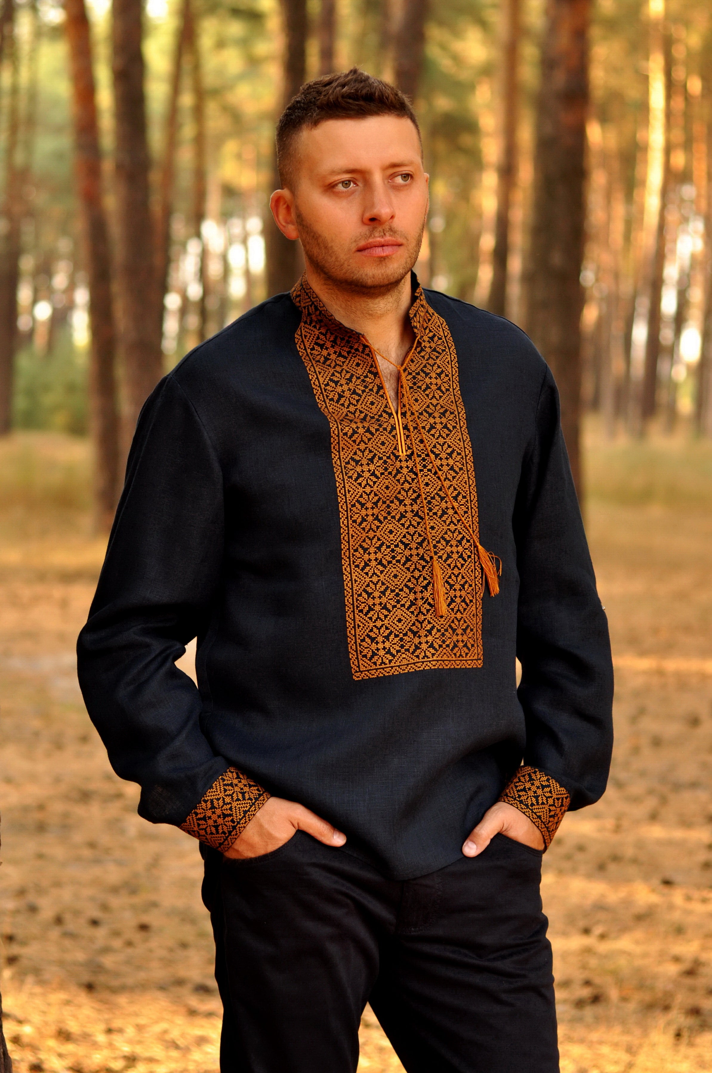 Ukrainian Men's embroidered shirt with cotton fabric, long sleeve colorful black, green, yellow, orders blue threads embroidery,white cotton shirt