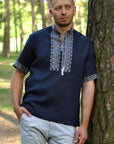 Dark blue linen short sleeve embroidered men's shirt