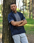 Dark blue linen short sleeve embroidered men's shirt