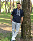 Dark blue linen short sleeve embroidered men's shirt