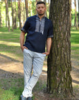Dark blue linen short sleeve embroidered men's shirt